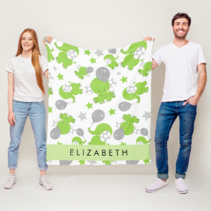 Pattern Of Green Elephants, Stars, Your Name Fleece Blanket