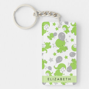 Pattern Of Green Elephants, Stars, Your Name Key Ring