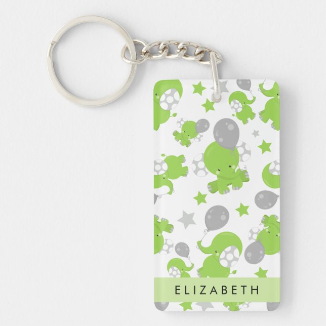 Pattern Of Green Elephants, Stars, Your Name Key Ring (Front)