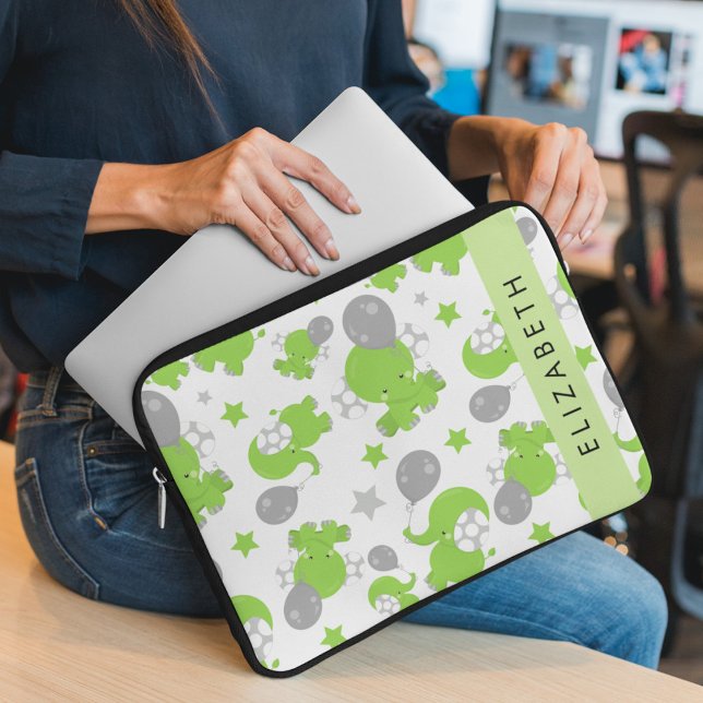 Pattern Of Green Elephants, Stars, Your Name Laptop Sleeve (Creator Uploaded)