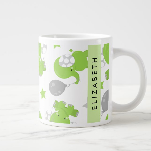 Pattern Of Green Elephants, Stars, Your Name Large Coffee Mug (Right)