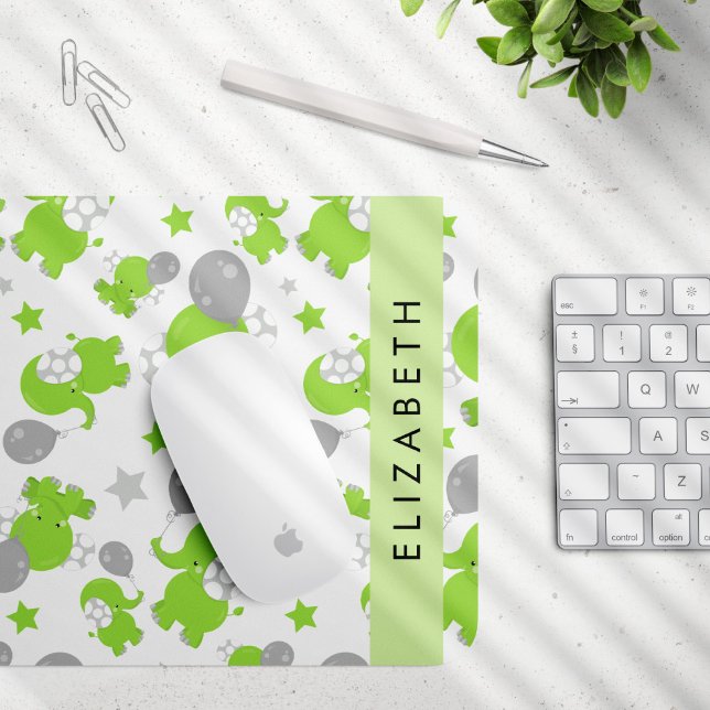 Pattern Of Green Elephants, Stars, Your Name Mouse Pad (Creator Uploaded)