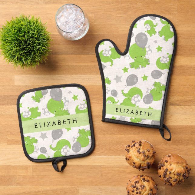 Pattern Of Green Elephants, Stars, Your Name Oven Mitt & Pot Holder Set (Top Down)