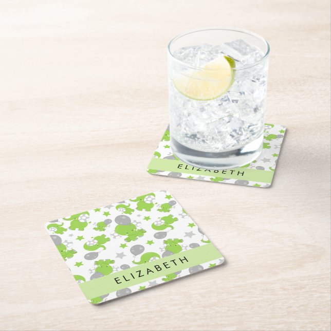Pattern Of Green Elephants, Stars, Your Name Square Paper Coaster (Insitu)