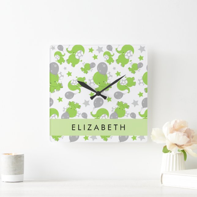 Pattern Of Green Elephants, Stars, Your Name Square Wall Clock (Home)