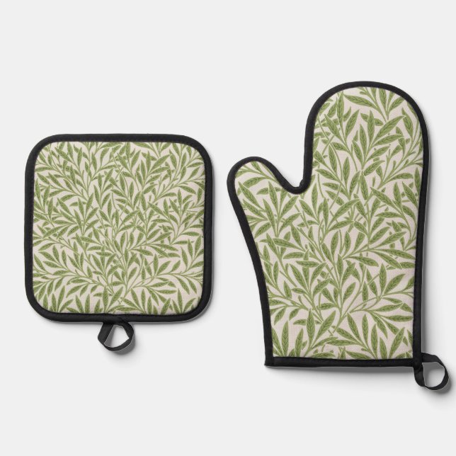 Pattern of green leafy branches  oven mitt & pot holder set (Front)