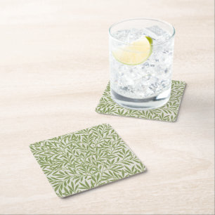 Pattern of green leafy branches square paper coaster