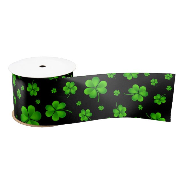 Pattern of green shamrocks on black background satin ribbon (Spool)