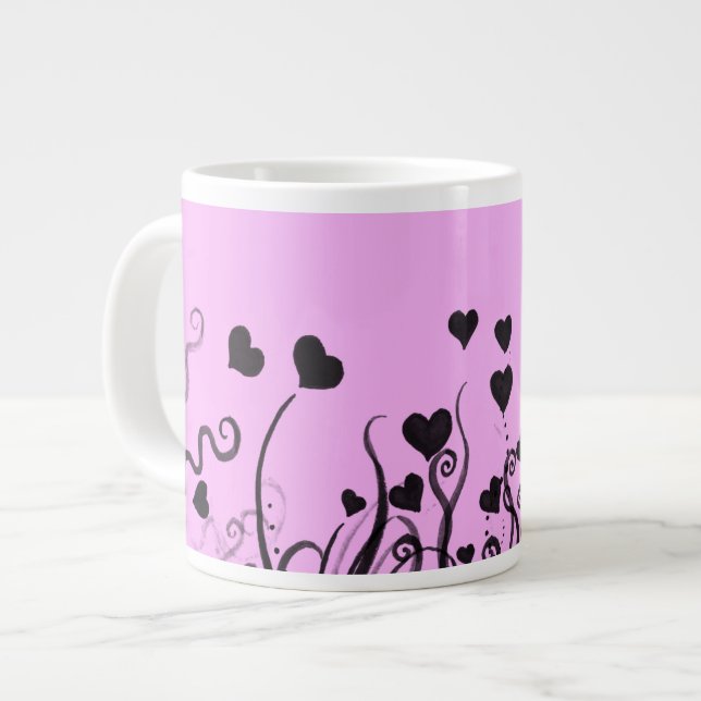 Pattern Of Hearts, Black Hearts, Dots, Love, Pink Large Coffee Mug (Front Left)