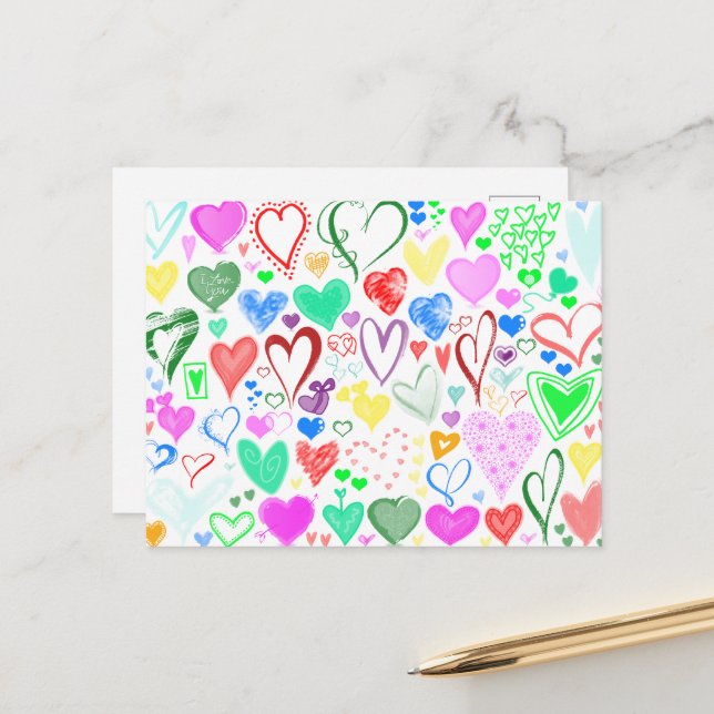 Pattern Of Hearts, Colourful Hearts, Hearts Patter Holiday Postcard (Front/Back In Situ)