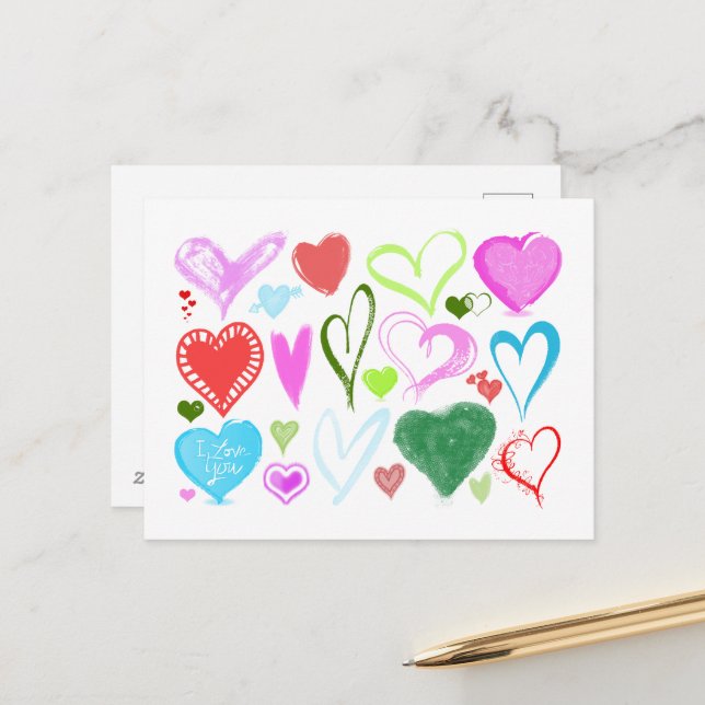 Pattern Of Hearts, Colourful Hearts, Hearts Patter Holiday Postcard (Front/Back In Situ)