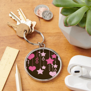 Pattern Of Hearts, Pattern Of Stars, Dots, Pink Key Ring