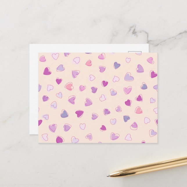 Pattern Of Hearts, Pink Hearts, Purple Hearts Postcard (Front/Back In Situ)