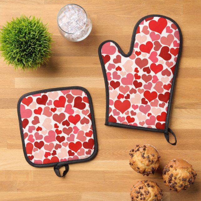 Pattern Of Hearts, Red Hearts, Love Oven Mitt & Pot Holder Set (Top Down)