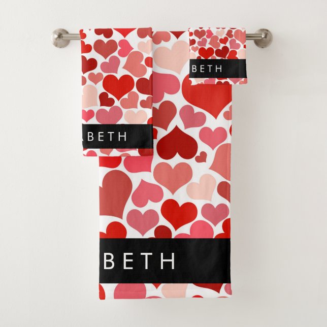 Pattern Of Hearts, Red Hearts, Love, Your Name Bath Towel Set (Insitu)