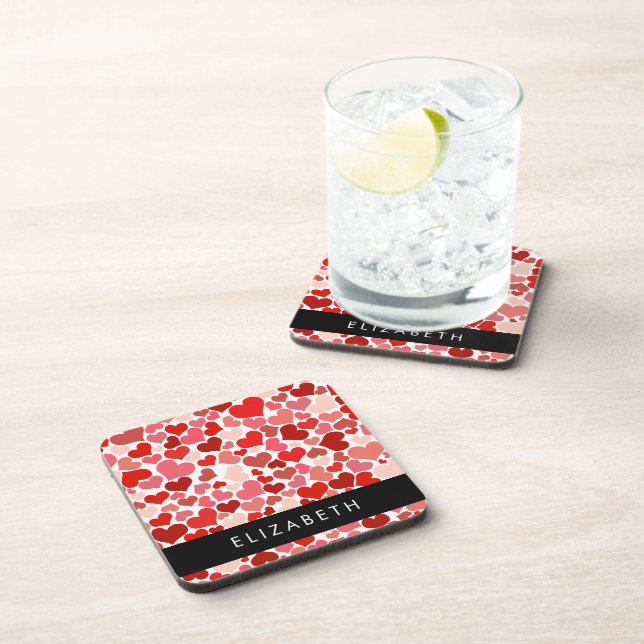 Pattern Of Hearts, Red Hearts, Love, Your Name Coaster (Right Side)