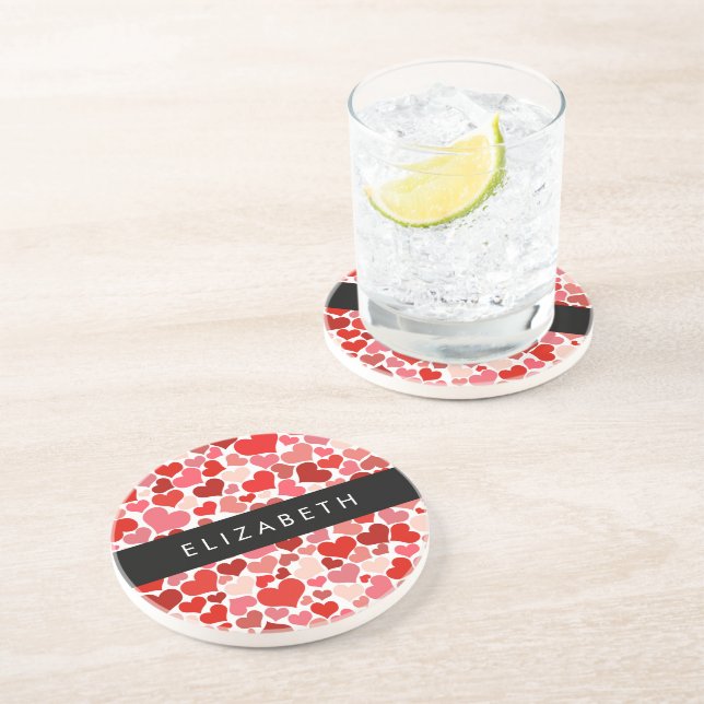 Pattern Of Hearts, Red Hearts, Love, Your Name Coaster (Side)