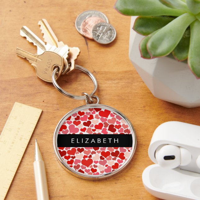 Pattern Of Hearts, Red Hearts, Love, Your Name Key Ring (Desk)