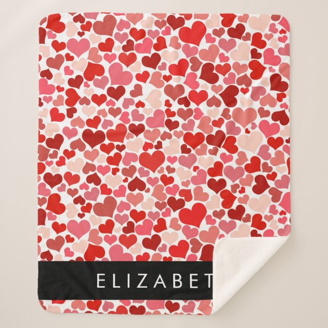Pattern Of Hearts, Red Hearts, Love, Your Name Sherpa Blanket (Front)