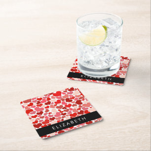 Pattern Of Hearts, Red Hearts, Love, Your Name Square Paper Coaster