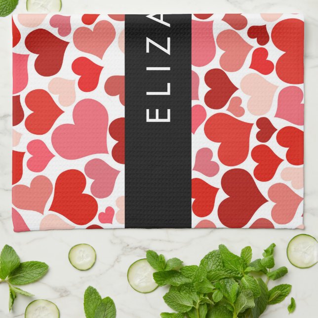 Pattern Of Hearts, Red Hearts, Love, Your Name Tea Towel (Folded)