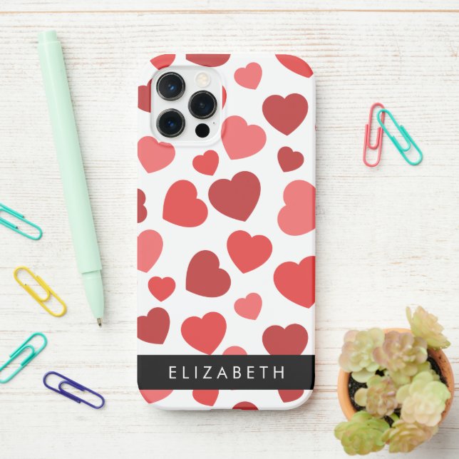Pattern Of Hearts, Red Hearts, Your Name iPhone Case (On Desk)