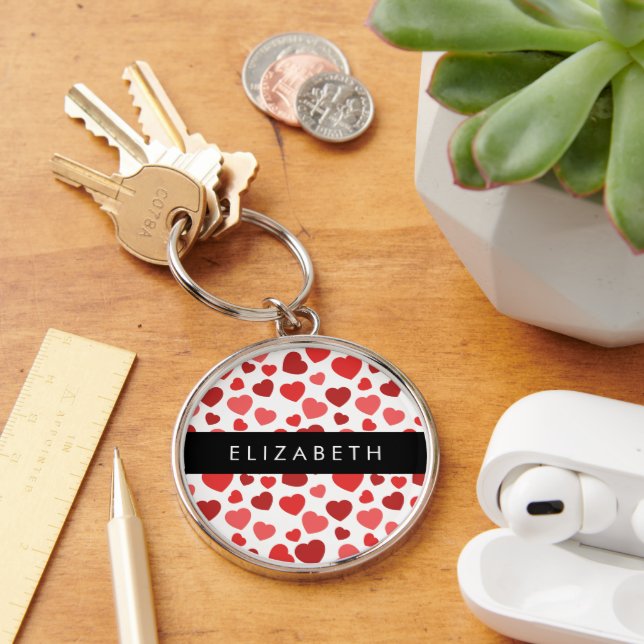 Pattern Of Hearts, Red Hearts, Your Name Key Ring (Desk)
