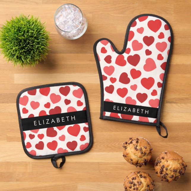 Pattern Of Hearts, Red Hearts, Your Name Oven Mitt & Pot Holder Set (Top Down)