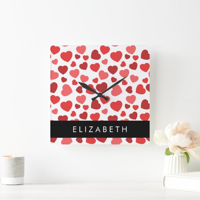 Pattern Of Hearts, Red Hearts, Your Name Square Wall Clock (Home)