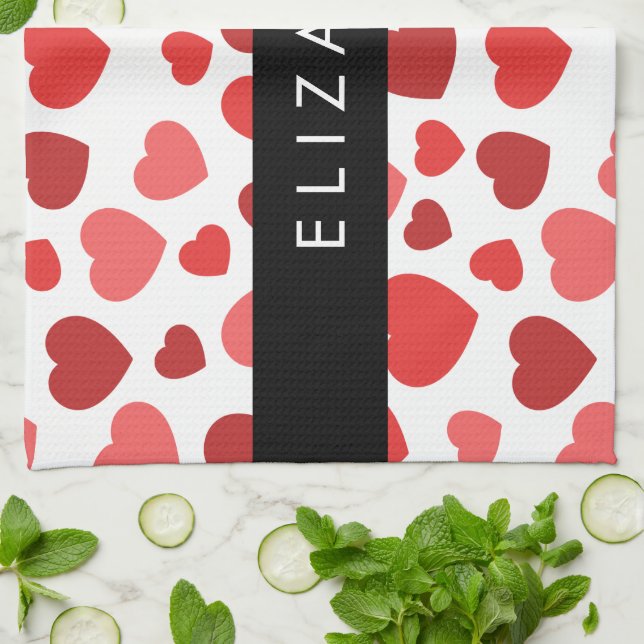 Pattern Of Hearts, Red Hearts, Your Name Tea Towel (Folded)