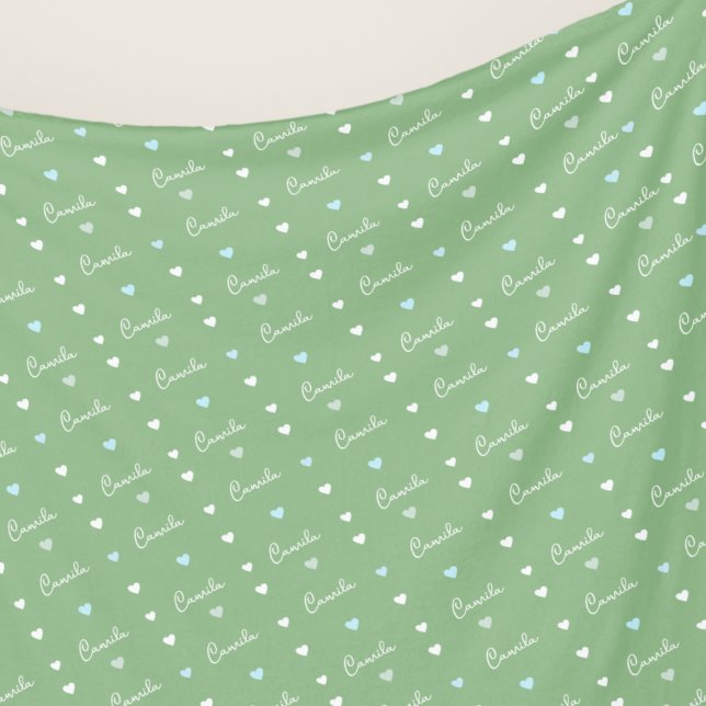 Pattern of hearts with repeating name allover sage fleece blanket (Creator Uploaded)