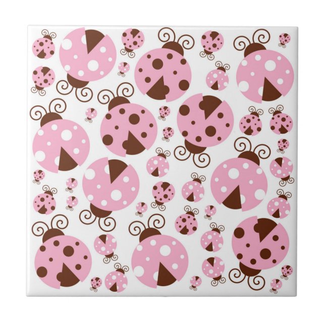 Pattern Of Ladybugs, Cute Ladybugs, Pink Ladybugs Ceramic Tile (Front)