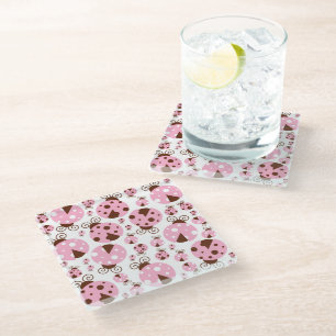 Pattern Of Ladybugs, Cute Ladybugs, Pink Ladybugs Glass Coaster