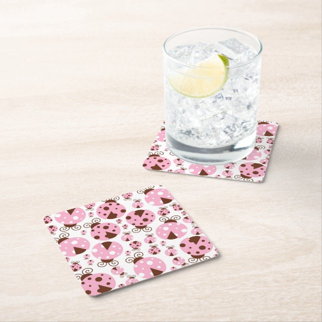 Pattern Of Ladybugs, Cute Ladybugs, Pink Ladybugs Square Paper Coaster (Insitu)