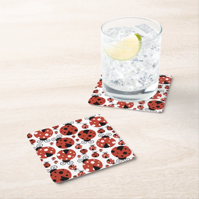 Pattern Of Ladybugs, Cute Ladybugs, Red Ladybugs Square Paper Coaster (Insitu)