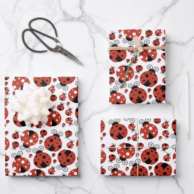 Pattern Of Ladybugs, Cute Ladybugs, Red Ladybugs Wrapping Paper Sheet (Front)