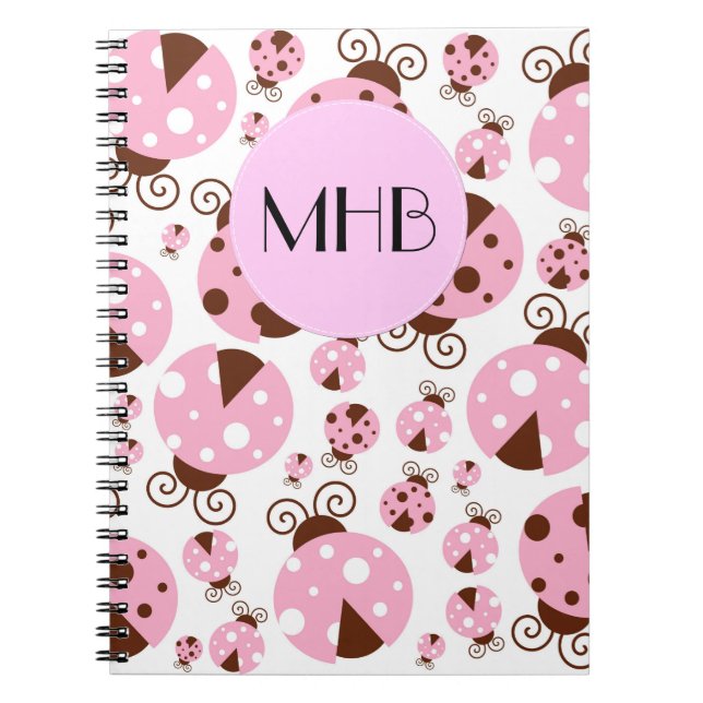 Pattern Of Ladybugs, Pink Ladybugs, Monogram Notebook (Front)
