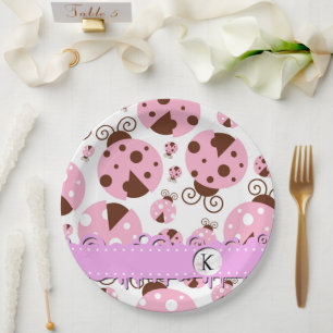 Pattern Of Ladybugs, Pink Ladybugs, Monogram Paper Plate