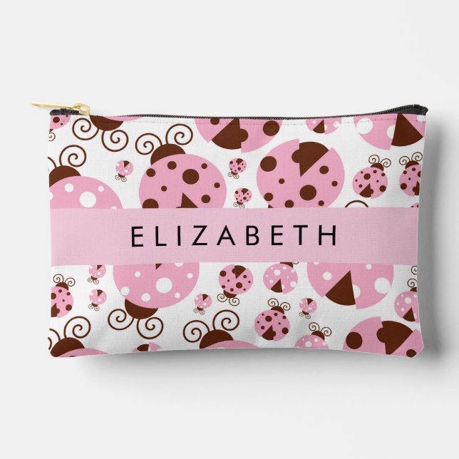 Pattern Of Ladybugs, Pink Ladybugs, Your Name Accessory Pouch (Front)