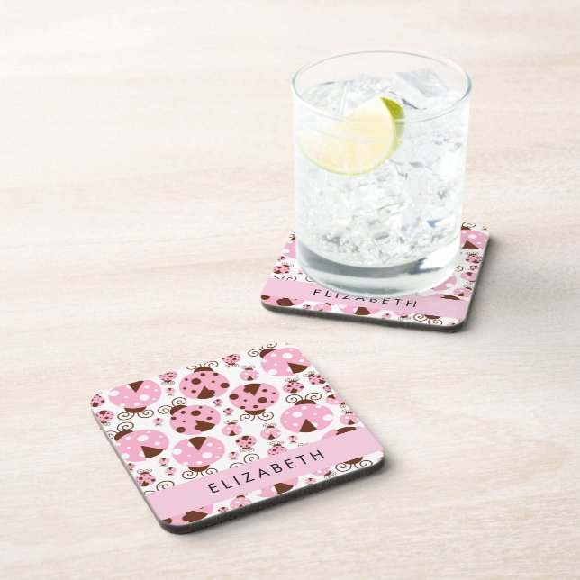 Pattern Of Ladybugs, Pink Ladybugs, Your Name Coaster (Right Side)