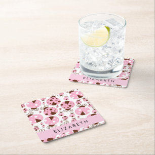 Pattern Of Ladybugs, Pink Ladybugs, Your Name Square Paper Coaster
