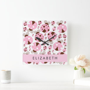 Pattern Of Ladybugs, Pink Ladybugs, Your Name Square Wall Clock