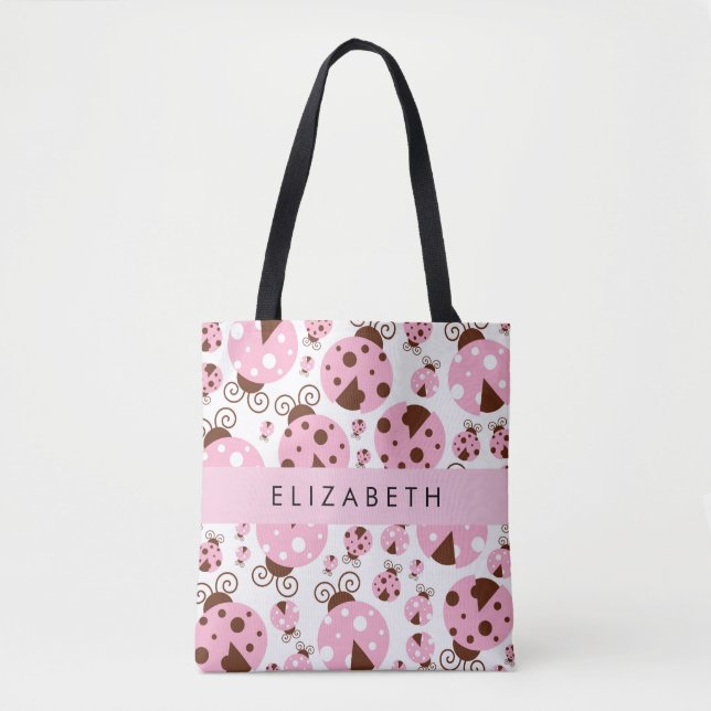 Pattern Of Ladybugs, Pink Ladybugs, Your Name Tote Bag (Front)