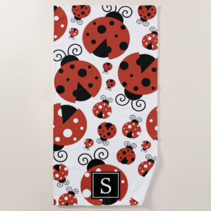 Pattern Of Ladybugs, Red Ladybugs, Monogram Beach Towel