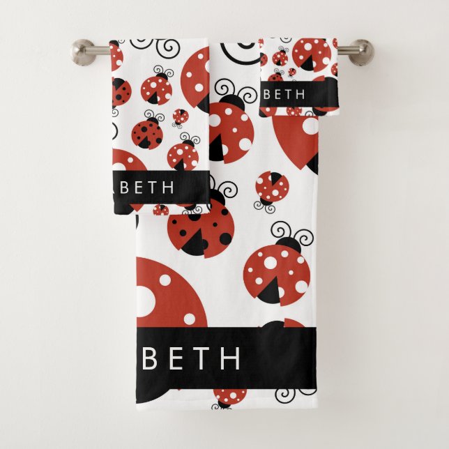 Pattern Of Ladybugs, Red Ladybugs, Your Name Bath Towel Set (Insitu)