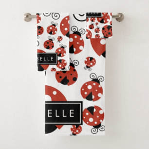 Pattern Of Ladybugs, Red Ladybugs, Your Name Bath Towel Set