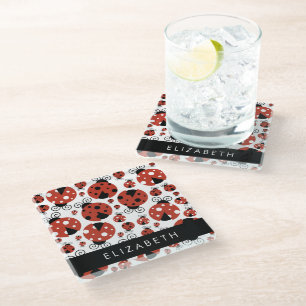 Pattern Of Ladybugs, Red Ladybugs, Your Name Glass Coaster