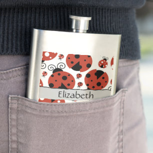 Pattern Of Ladybugs, Red Ladybugs, Your Name Hip Flask