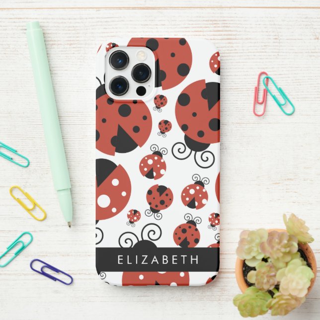 Pattern Of Ladybugs, Red Ladybugs, Your Name iPhone Case (On Desk)