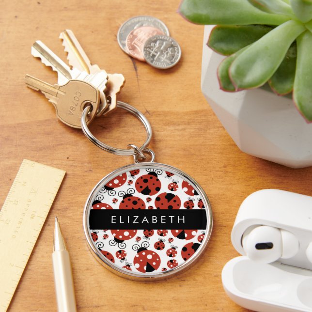 Pattern Of Ladybugs, Red Ladybugs, Your Name Key Ring (Desk)